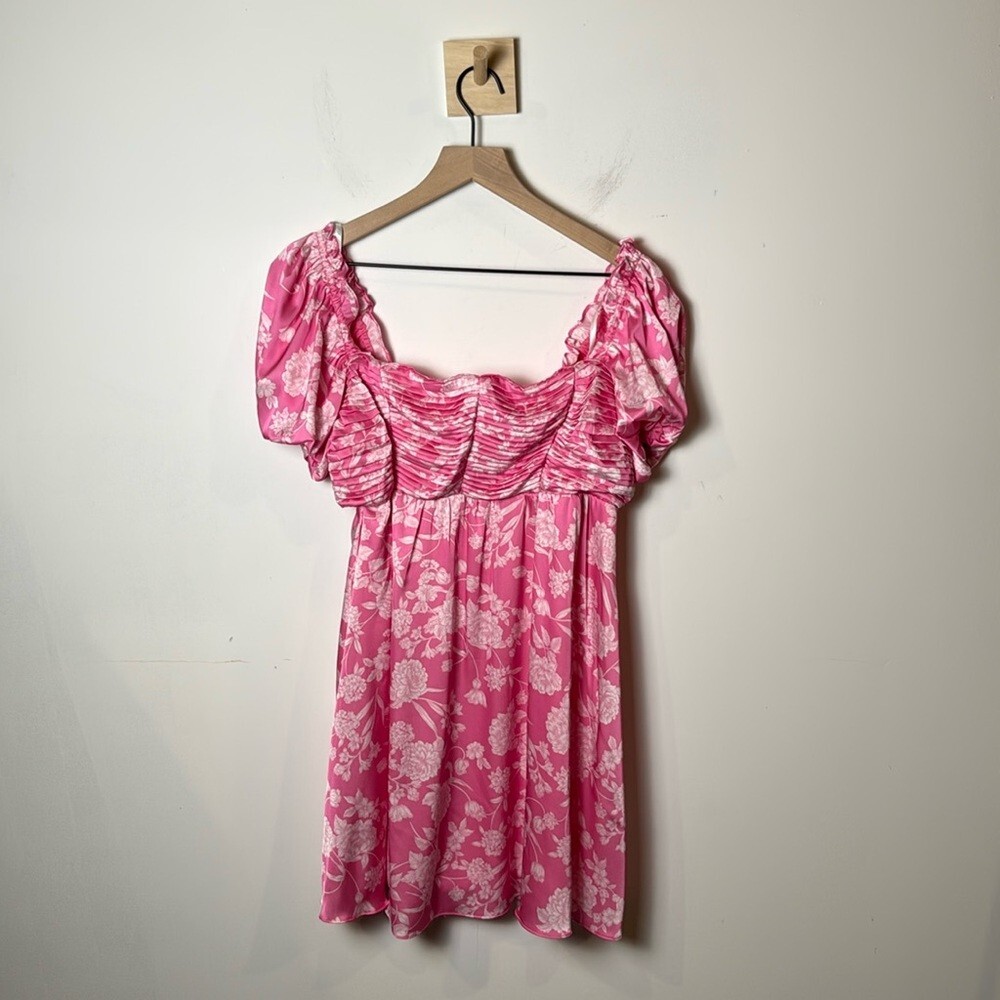 B. Darlin Puff Short Sleeve Square Neck Pink Floral Smocked Babydoll Dress Women