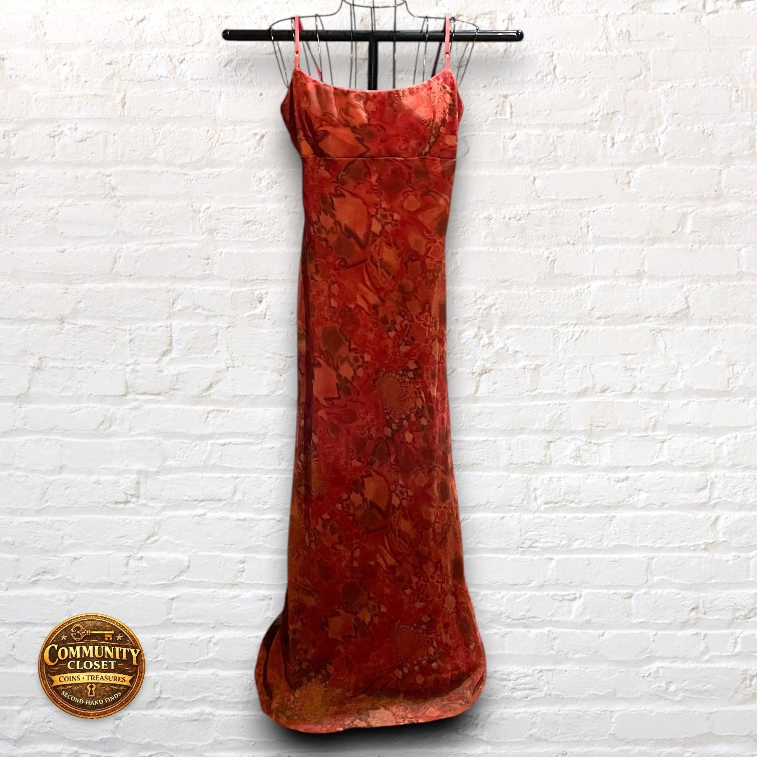 City Studio Y2K Satin Maxi Dress 9 Fits 4/6 Orange Red Marble Sheer Overlay USA