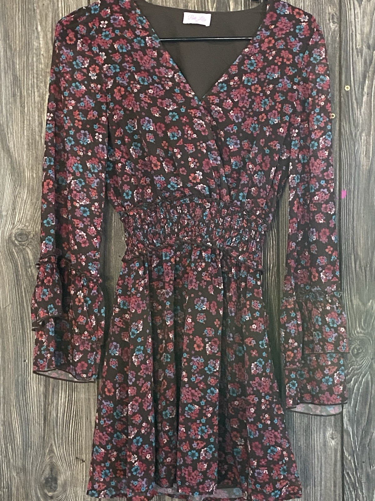 Pink Lily Black Floral Chiffon V-Neck Bell Sleeve Smocked Short Dress S