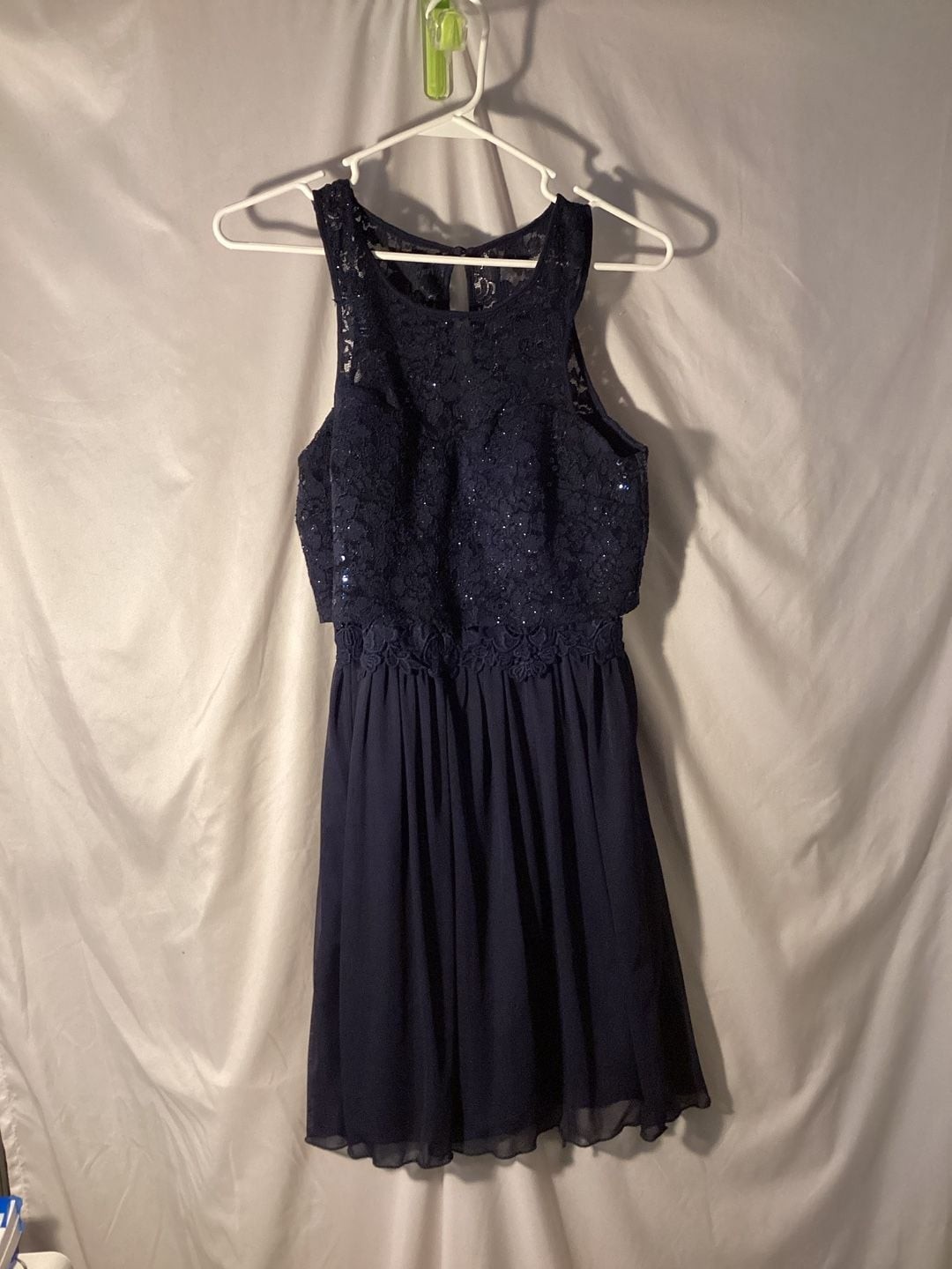 BCX Dress Sleeveless Navy Blue Lace Bodice with Sequins and Chiffon Skirt