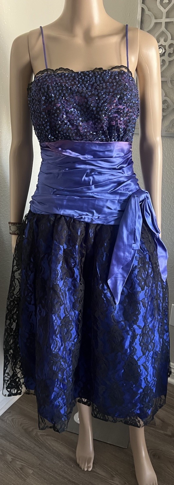 GLENROB Vintage Y2K Party Prom Gown Dress Bow Sash Glitter Lace 80’s 90’s sz S