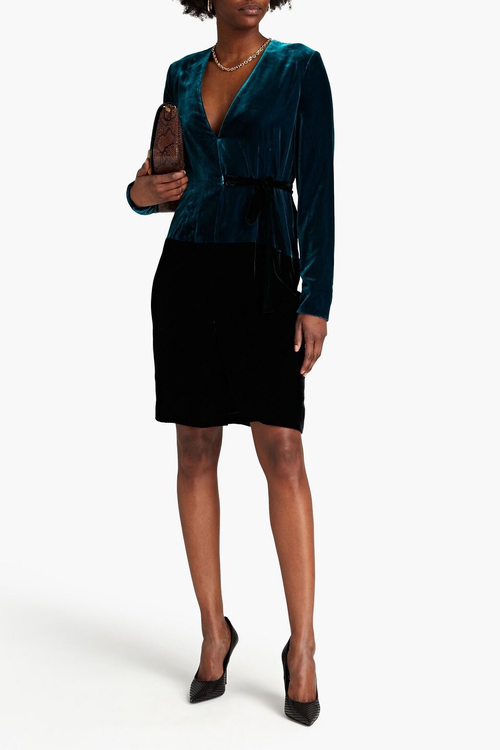 $5.4K Tom Ford Teal Green Black Velvet Tie Front Dress Size 36 US 0 2 XS