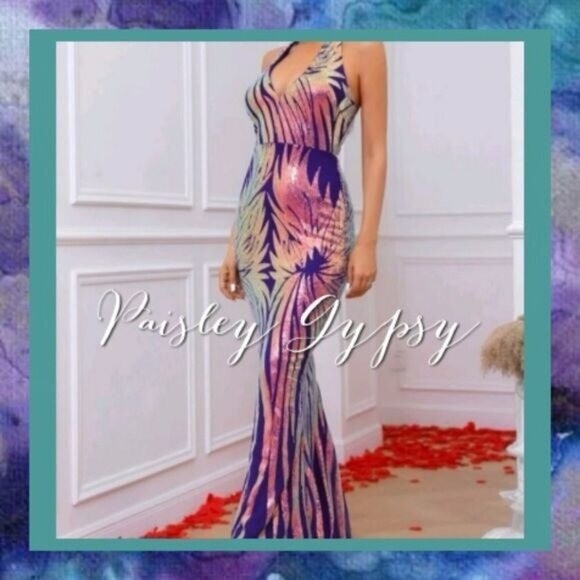 RANDOM PRINT, HALTER, SEQUINED MERMAID MAXI