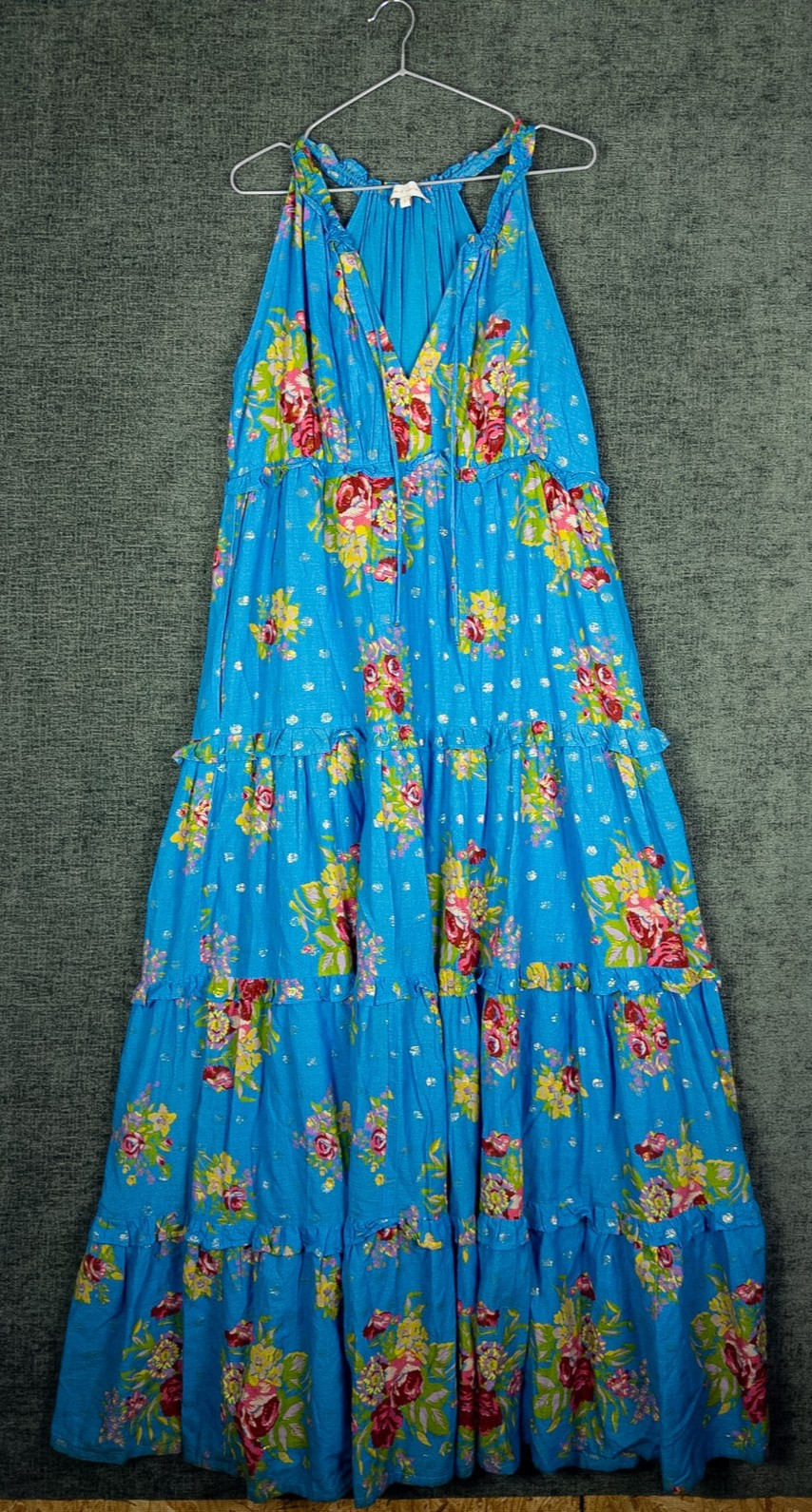 House of Harlow Helena Maxi Dress Womens S Blue Tiered Boho Cottage Lined