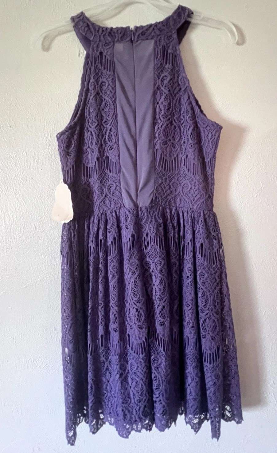 NWT Altar’d State Dark Purple Lace Halter-neck Skater Dress Lace Overlay Size S