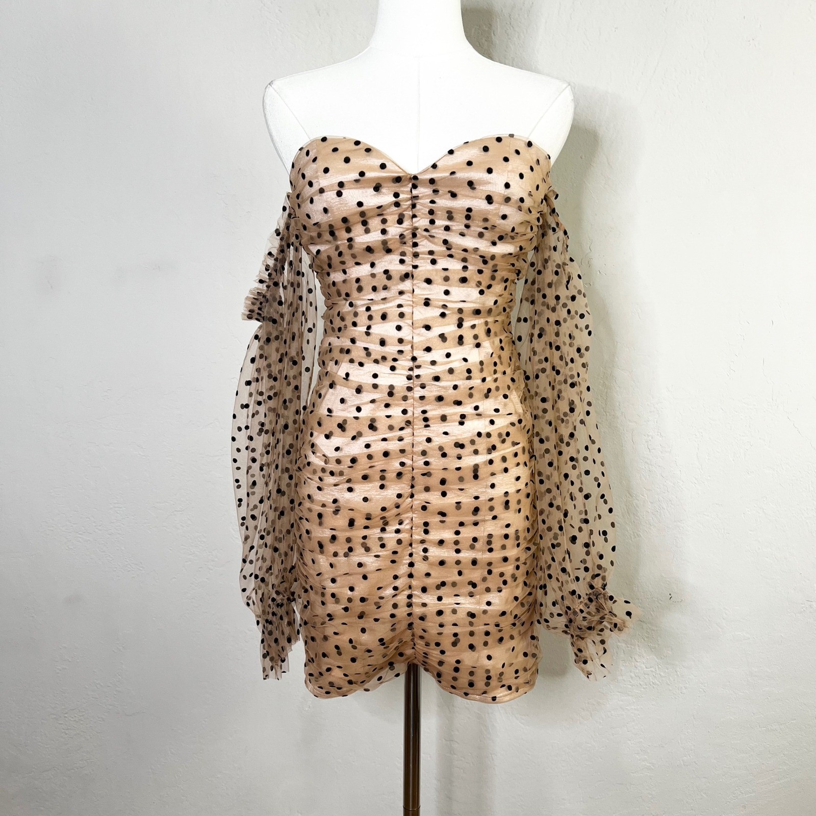 MAJORELLE Secrets Polka Dot Mesh Ruched Off Shoulder Mini Dress Strapless Size S