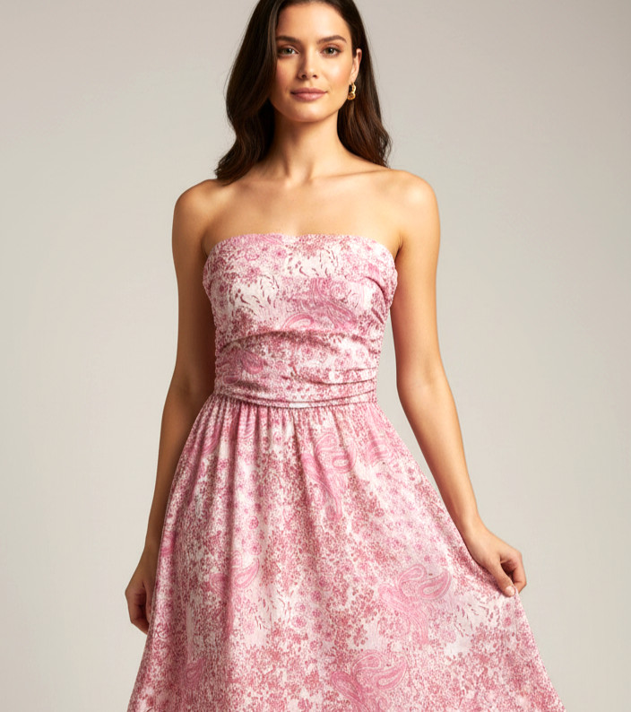 REVIEW Dress Size 12 Strapless Pink Floral Lined Fit & Flare Party Wedding