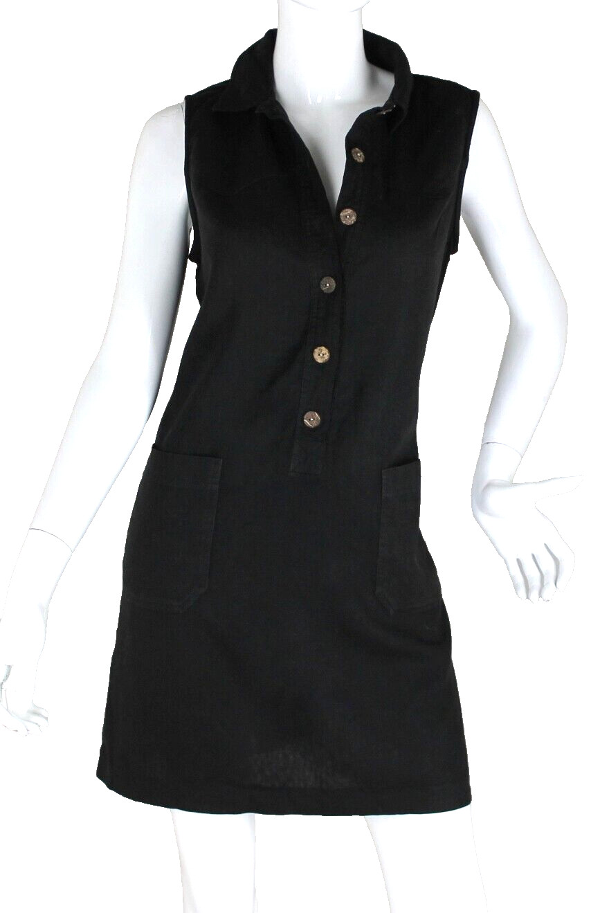 {JOHN ROBERTS} Dress Black Button Up Pockets Linen Blend Summer ~8-P