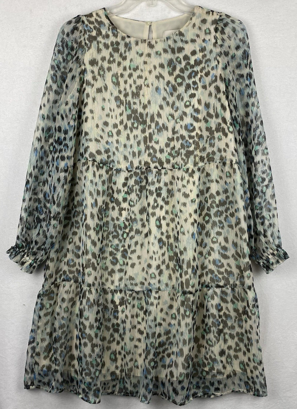 LOFT Animal Print Tiered Loose Fit Lightweight Lined Dress Long Sheer Sleeve MP
