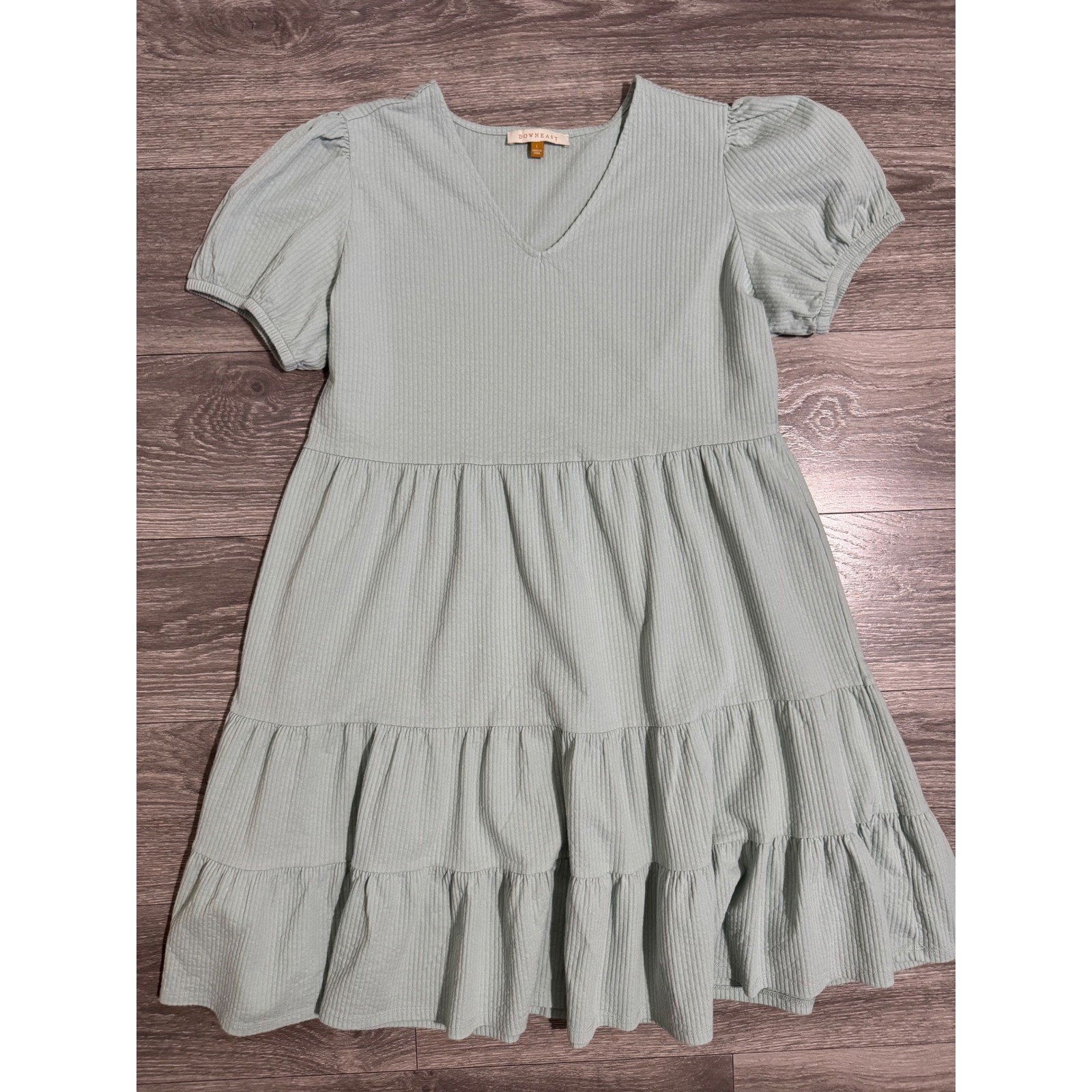 Downeast Cotton Blend Dress Size L Sage Green Ribbed Tiered Babydoll Mini Dress