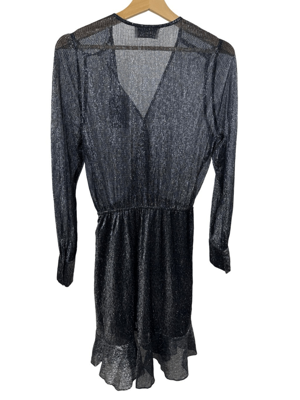NWT Berenice Metallic Black Long Sleeve Mesh A-line Dress V-neck Ruffle Hem