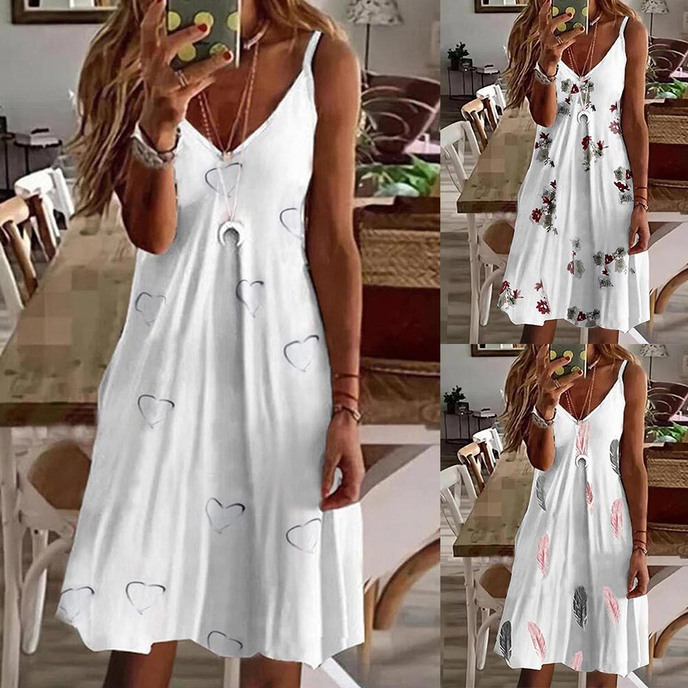 Womens Boho Floral Summer Beach Sundress Ladies Cami Dress Strappy Mini Dress US