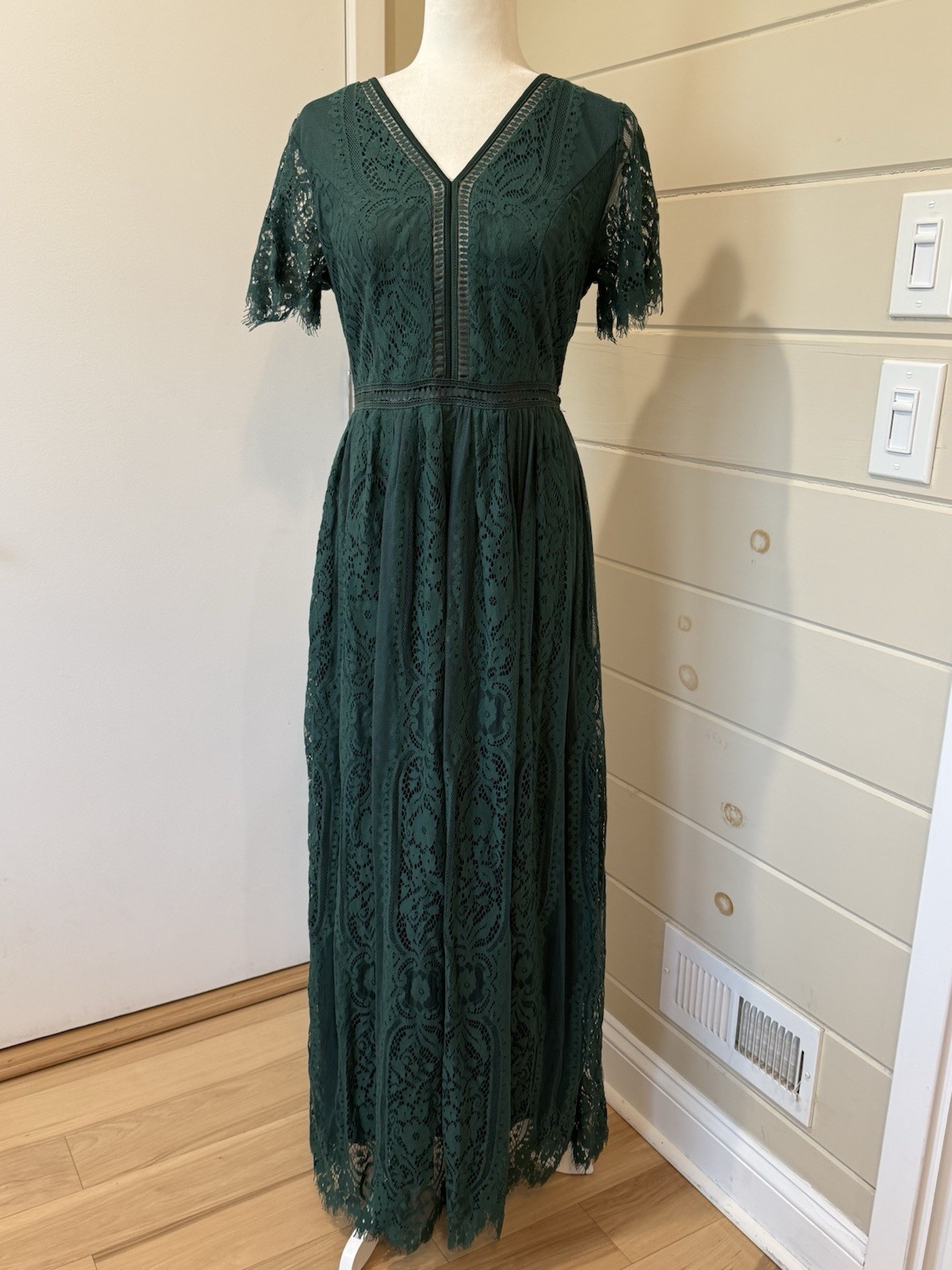 Merokeety Dark Green M Lace Dress Maxi Formal V Neck Zip Gown Fairy Whimsigoth