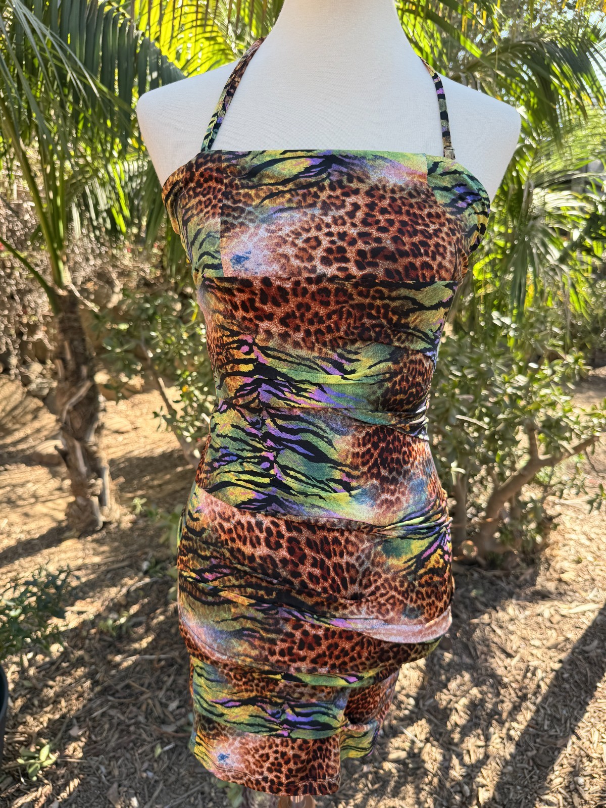 Forever 21 Y2K Rave Neon Ruched Animal Print Halter Bodycon Mini Dress Size S/P