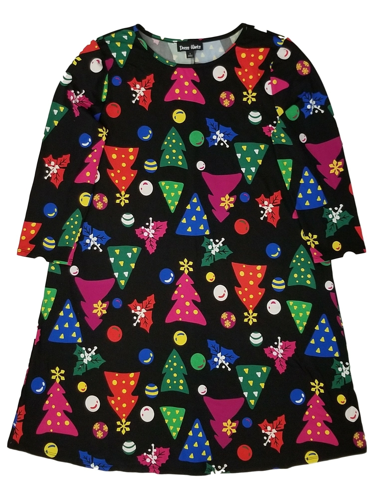 Womens Stretchy Black Christmas Tree Bulbs Multicolor Colorful Holiday Dress
