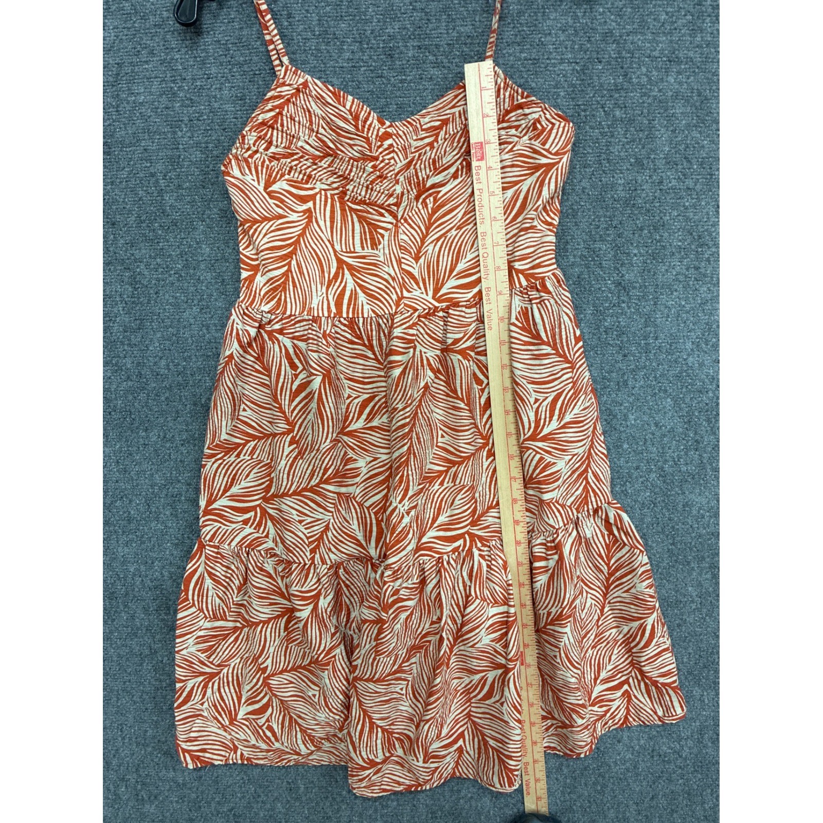 Apricot Rust Orange Palm Leaf Print Tiered Mini Dress Smocked Back US 4