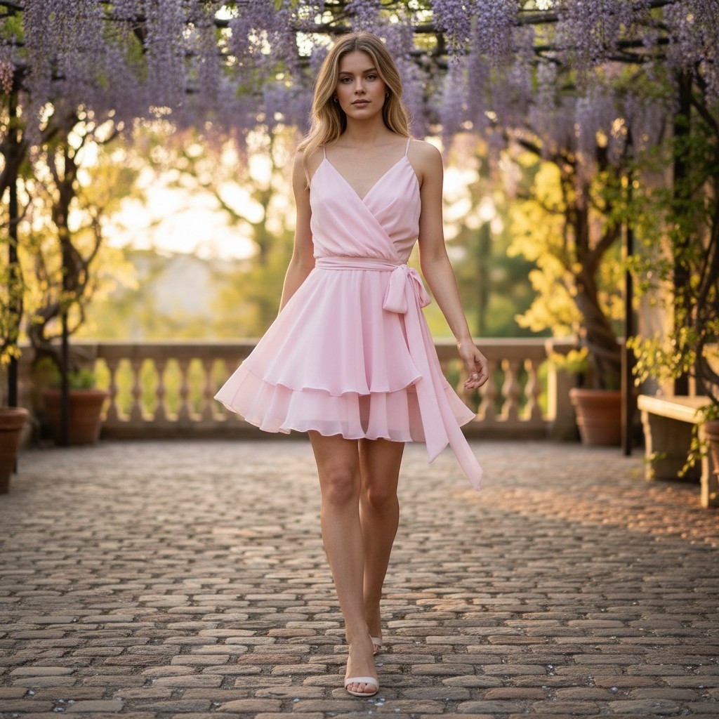 Lucy in the Sky Pink Cut Out Tiered Ruffle Mini Dress Surplice M Romantic