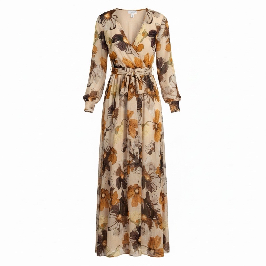 Faeriesty Womens Brown Tan Floral Whimsical Faux Wrap Long Dress Plus Size 3XL