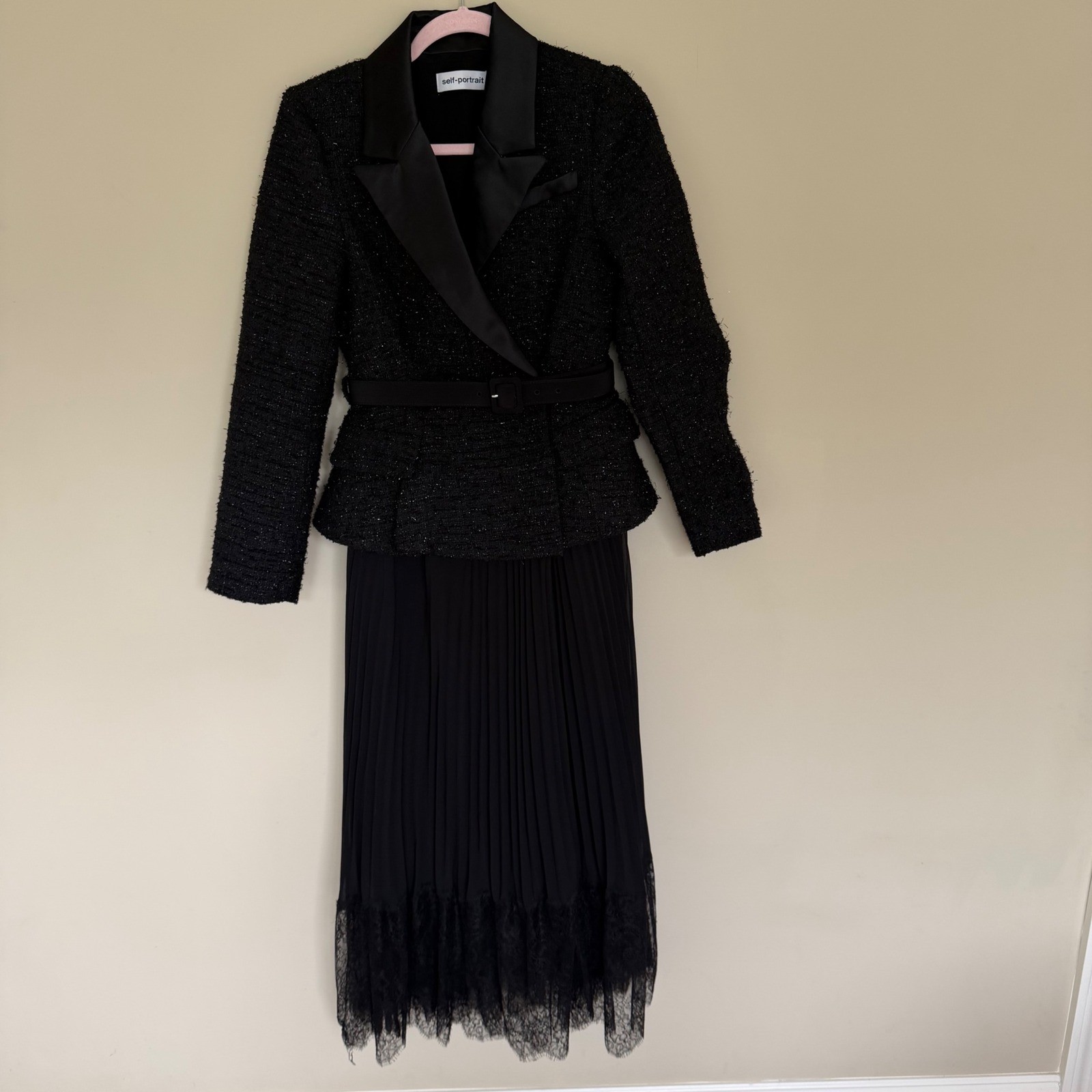 Self Portrait Black Tinsel Boucle Midi Dress with Belt Size 4 NWT $660