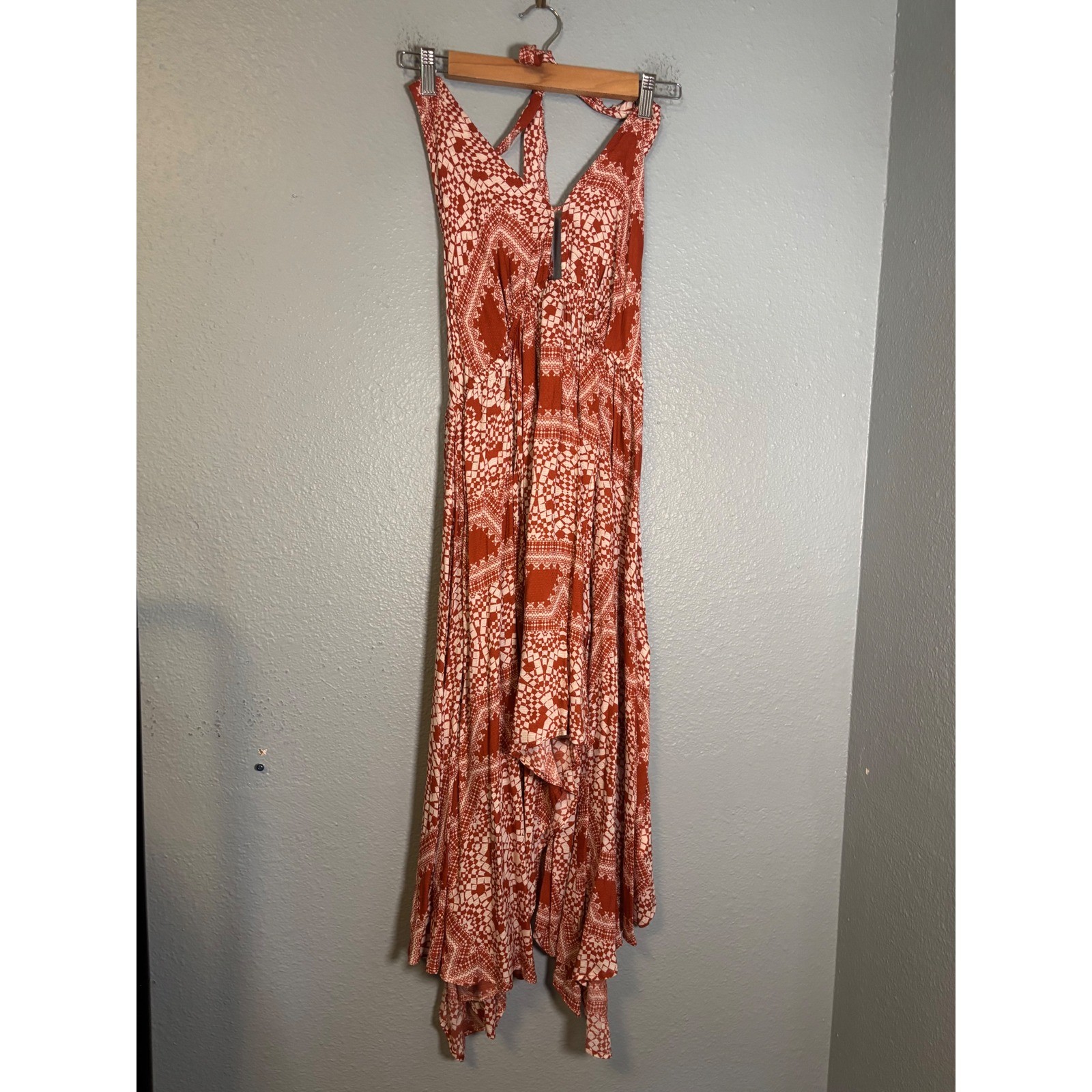 Anthropologie Rust Orange White Geometric Halter High Low Midi Dress Size Small