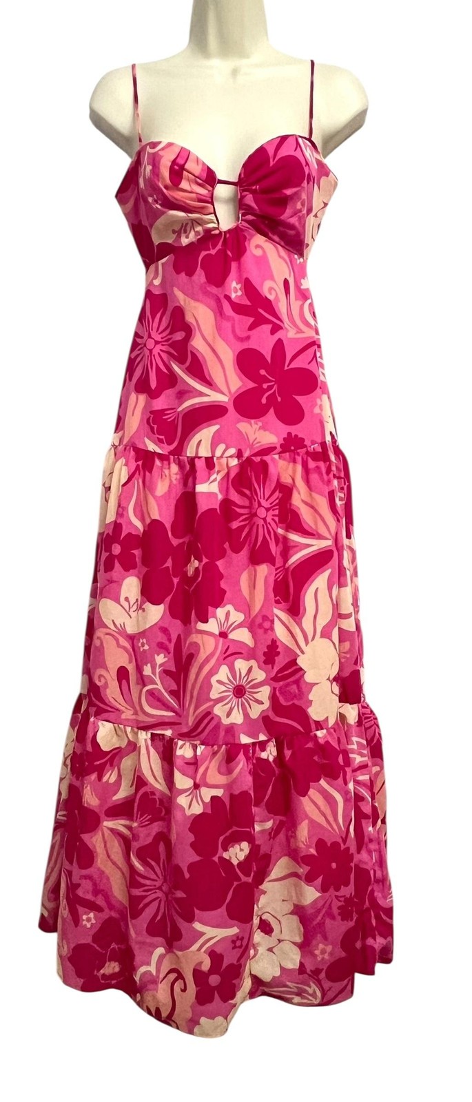 Crystal Doll Maxi Dress Womens XS Pink Floral Cutout Backless Tiered Sundress