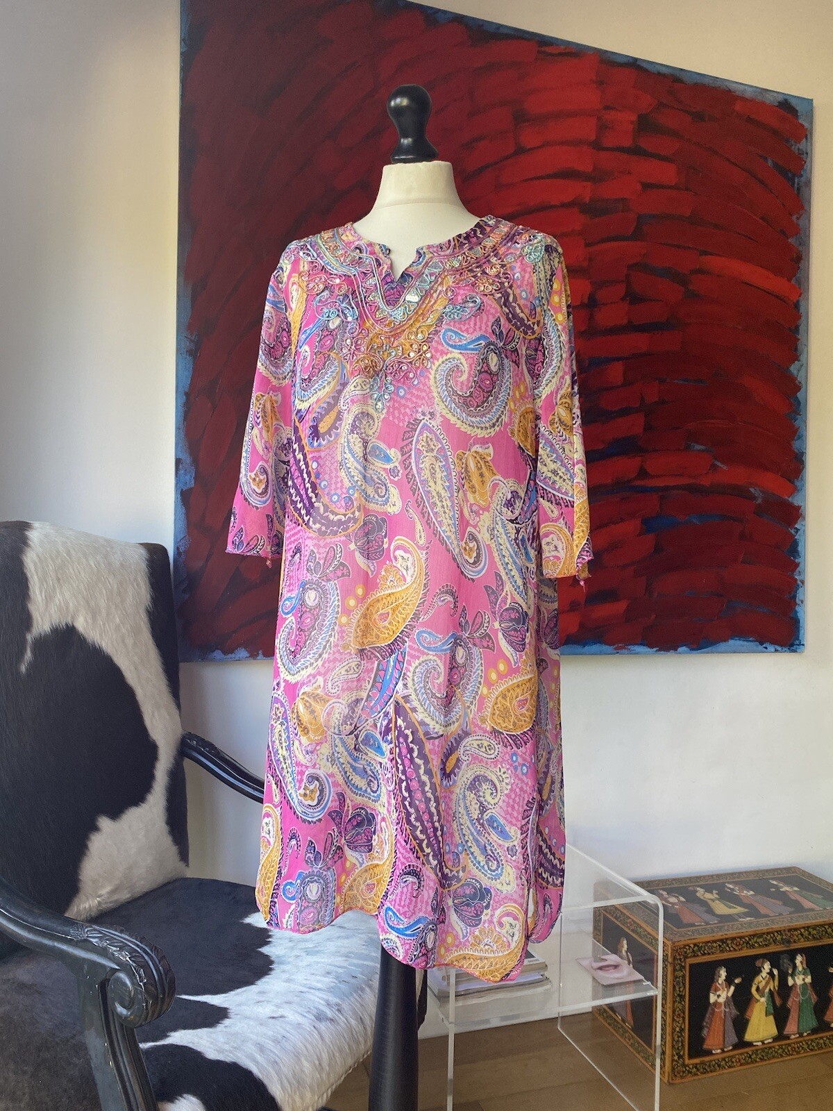 Colourful Paisley Pink Chiffon Tunic Dress Size S-L With Side Slits