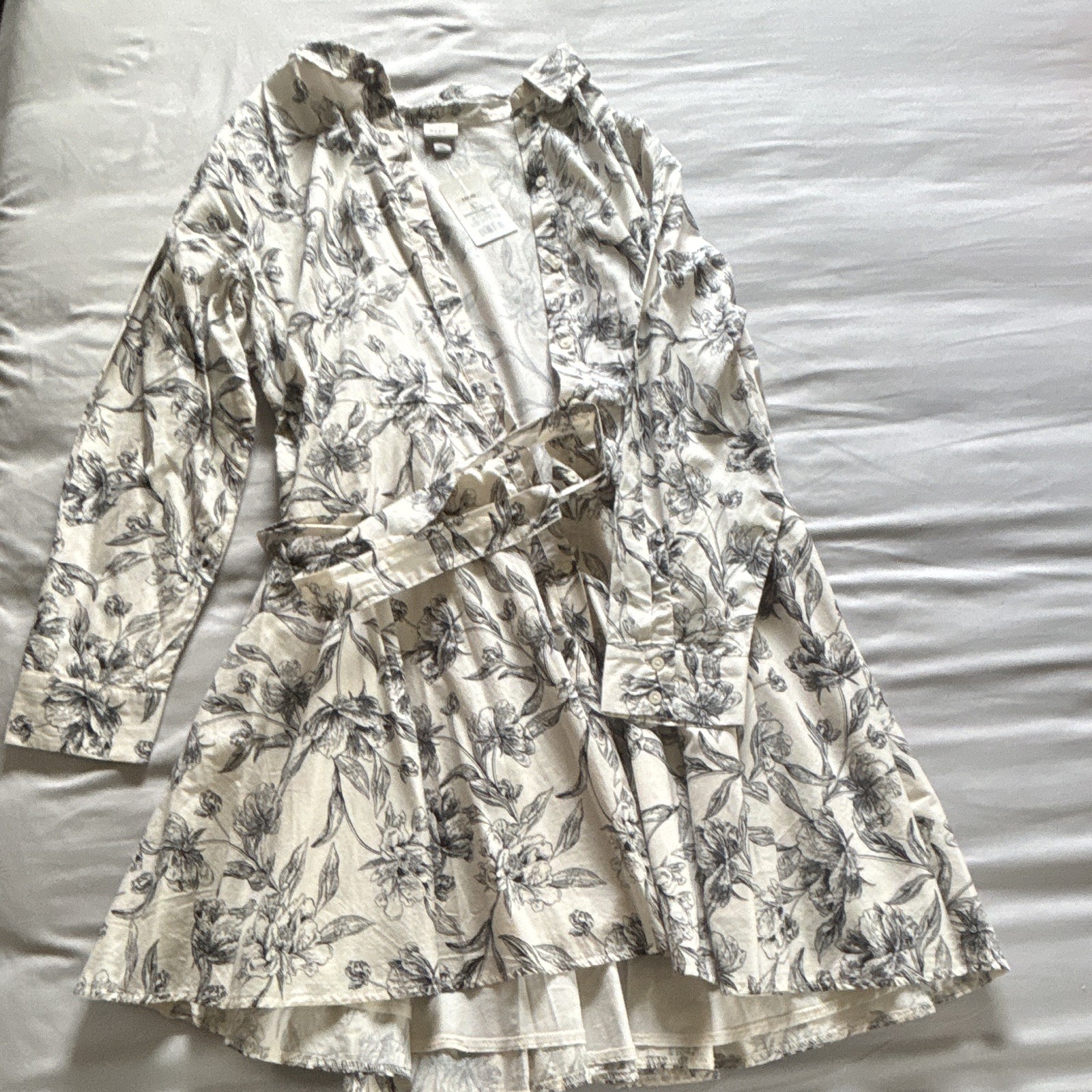 New Day Women’s Floral Shirt Dress XL White/Black Long Sleeve Button Belted