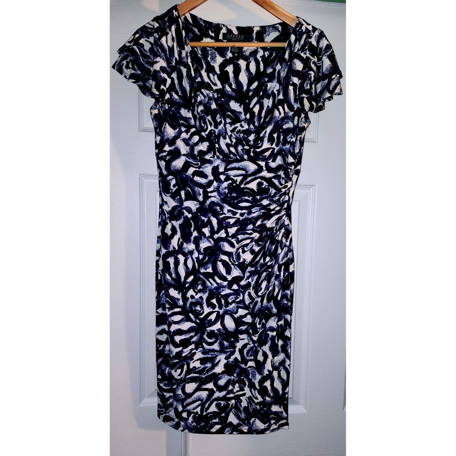 Lauren Ralph Lauren Navy Blue White Abstract Ruched Sheath Dress Womens 8P