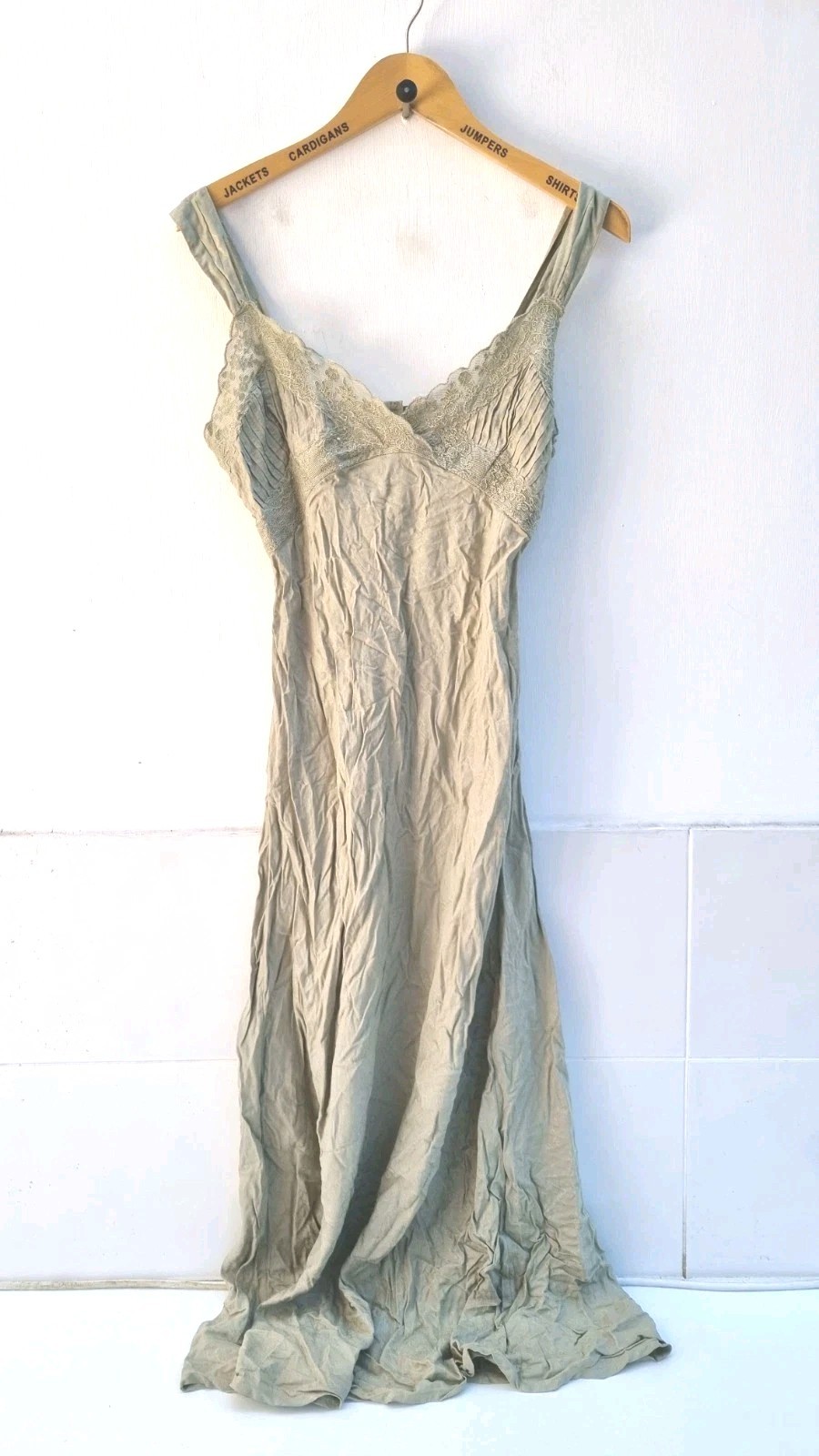 Light Before Dark Dress Embroidered Sage Green Slip Dress Size Medium, rrp £59.