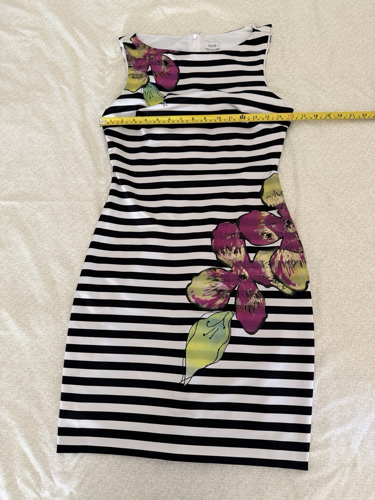 Cache Black/White Striped Floral Sheath Dress Sleeveless Stretch Lined Zip 10