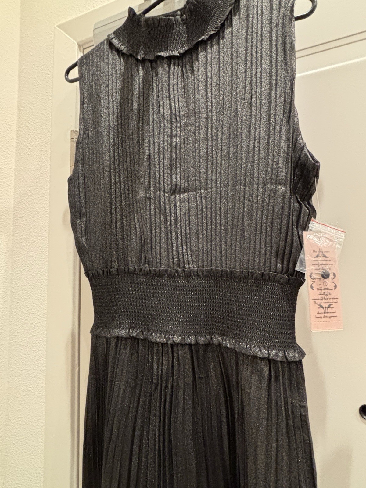 Nanette Lepore Black Silver Pleated Ruffle A-Line Sleeveless Midi Dress Size 10