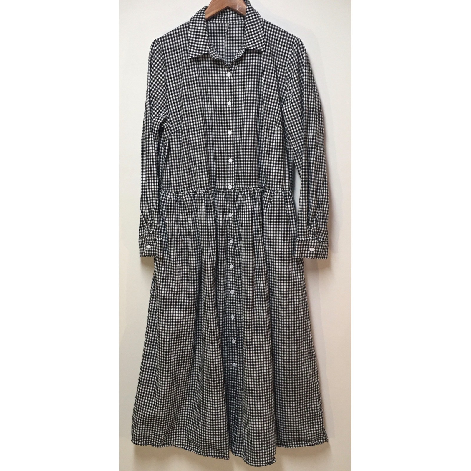 Maxi Gingham Button Shirt Dress Women XL Black White Checkered 100% Cotton Woven