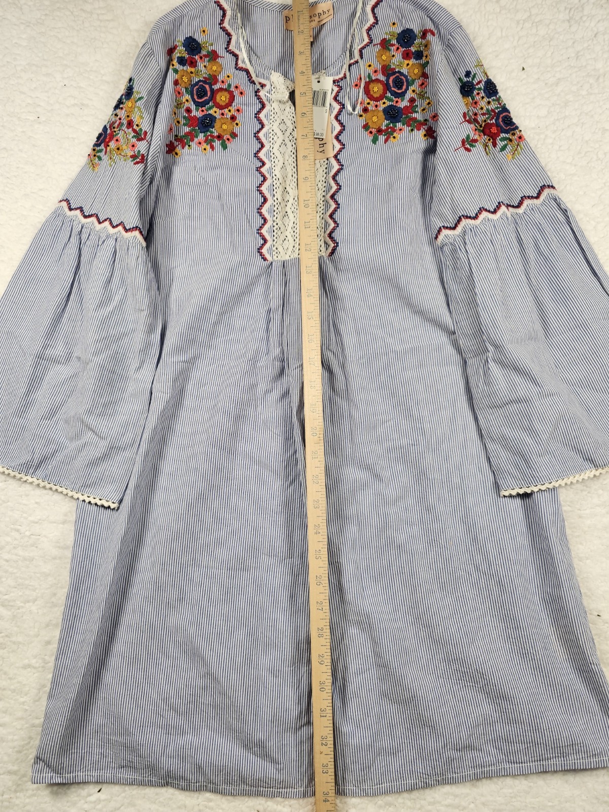 Philosophy Womens S Embroidered Boho Peasant Dress Blue White Stripe Bell NWT