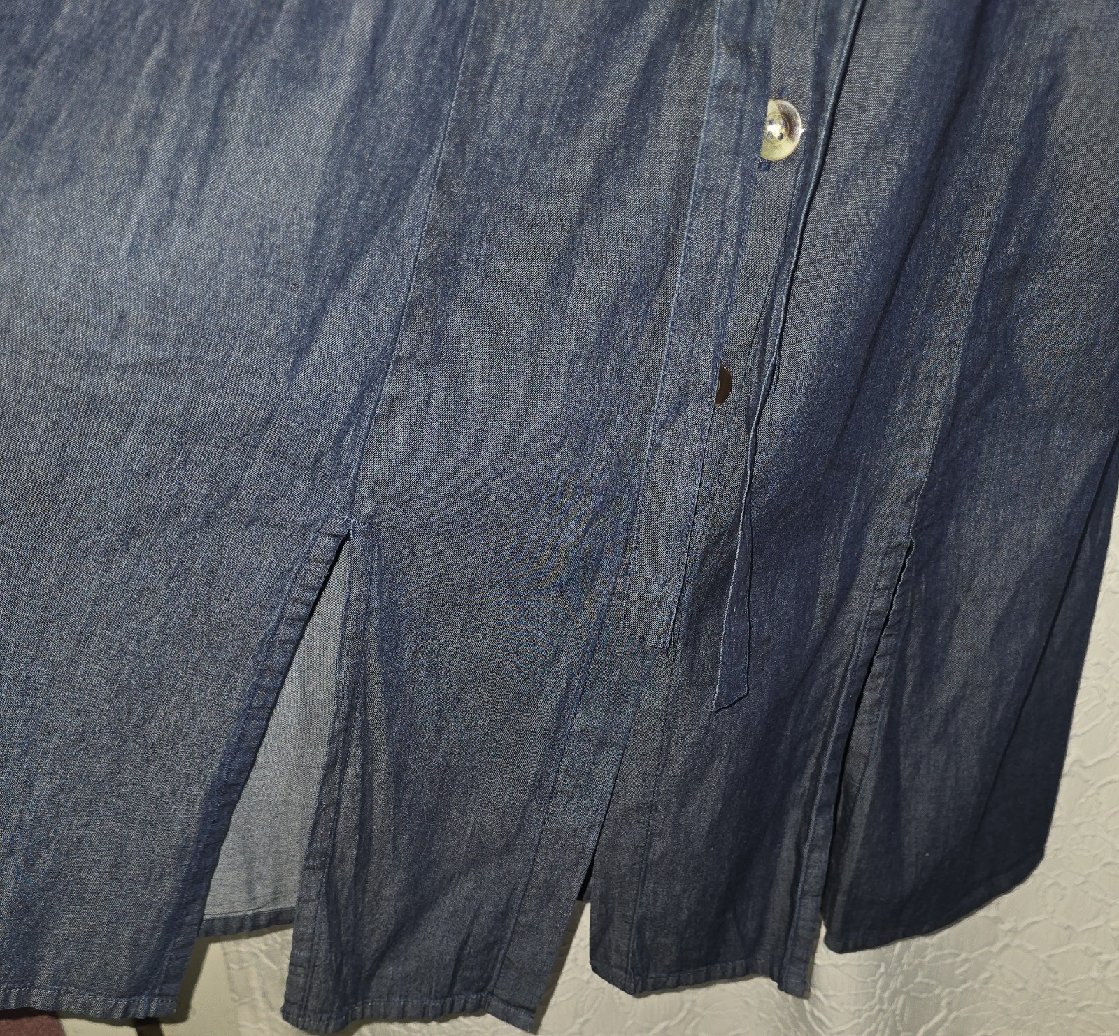 Millennium Denim Elastic Waist Button Down Flutter SleeveDress Front Slits Sz M