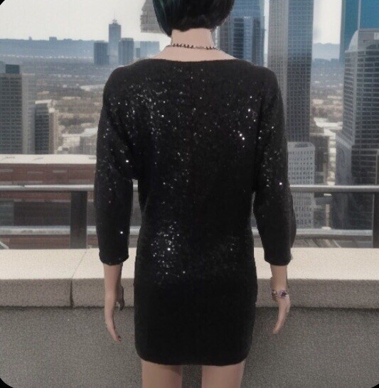 Black Sequin Dress (SIZE TAG MISSING) Bust 32in Length 30in Boat Neck 3/4 Sleeve