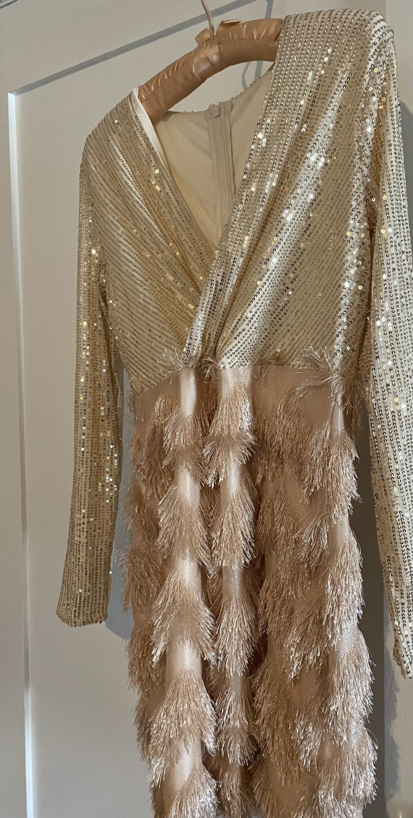 cocktail dress size medium champagne sequins with feather fringe one piece