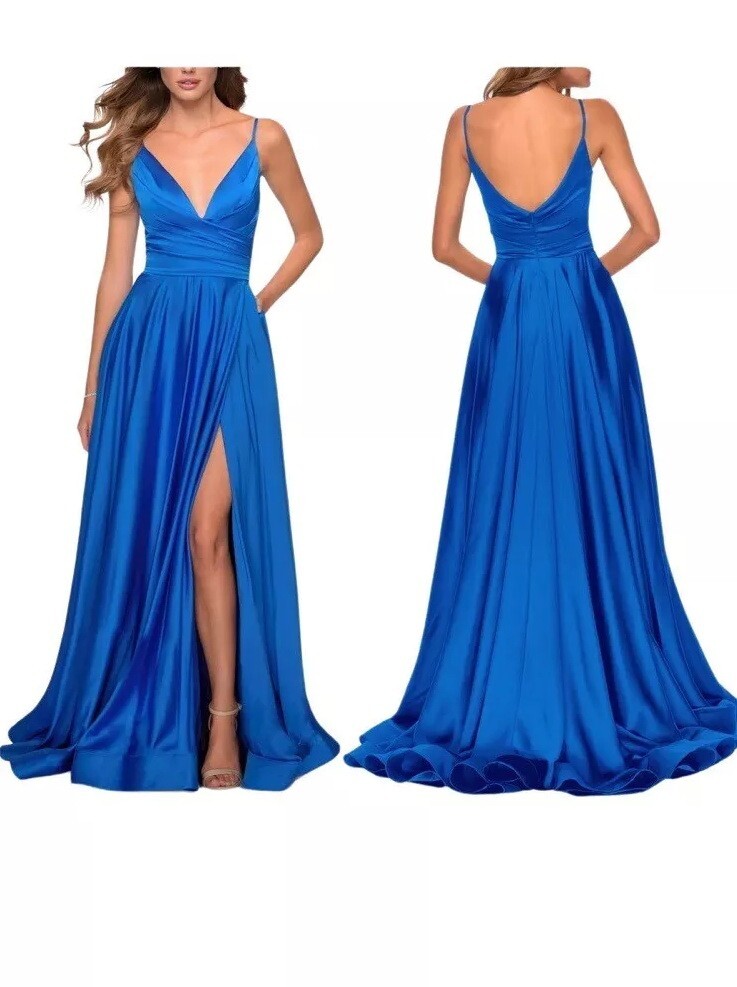 La Femme Royal Blue Sleeveless V-Neck High Leg Slit A-Line Gown Size 6 $408 Prom