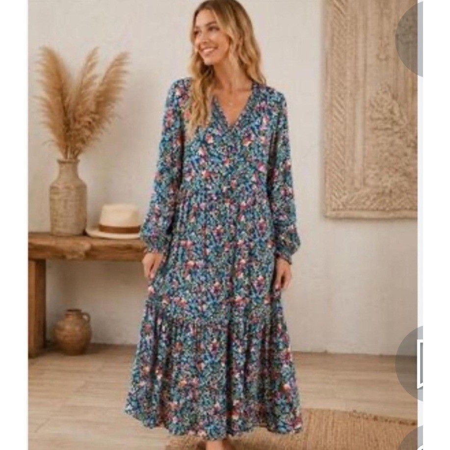 Natural Life Teal Floral Tiered Maxi Dress Womens Medium V-Neck Long Sleeve Boho