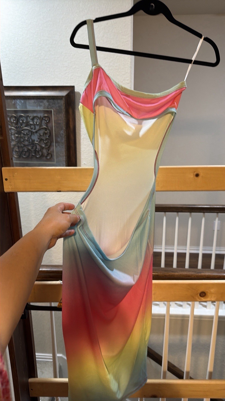 ChicMe Multicolor Rainbow Ombre Maxi Dress XL Square Neck Strappy Cut-Out
