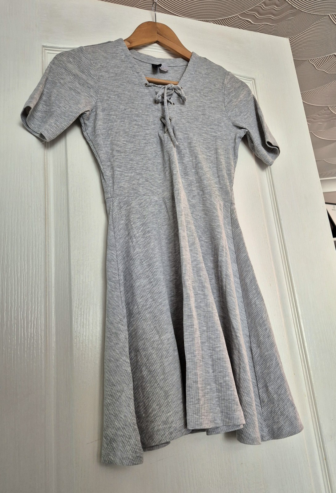 Grey Ribbed Lace-Up Mini Dress – Short Sleeve A-Line Skater Dress
