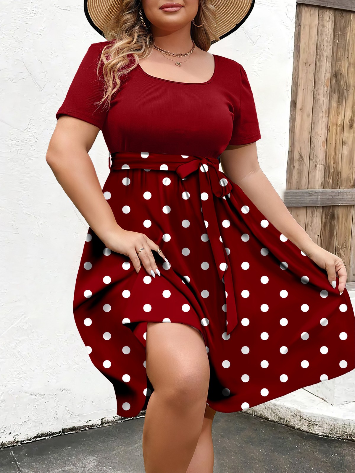 Women Plus Size Elegant Polka Dot Dress Short Sleeve Casual Dress 0XL-4XL