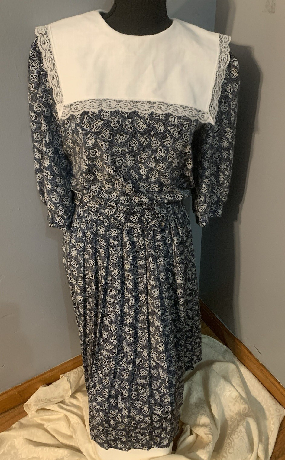 VTG 80s Breli II Lace Collar Cottage Core Prairie Dress Blue White Floral Sz 8