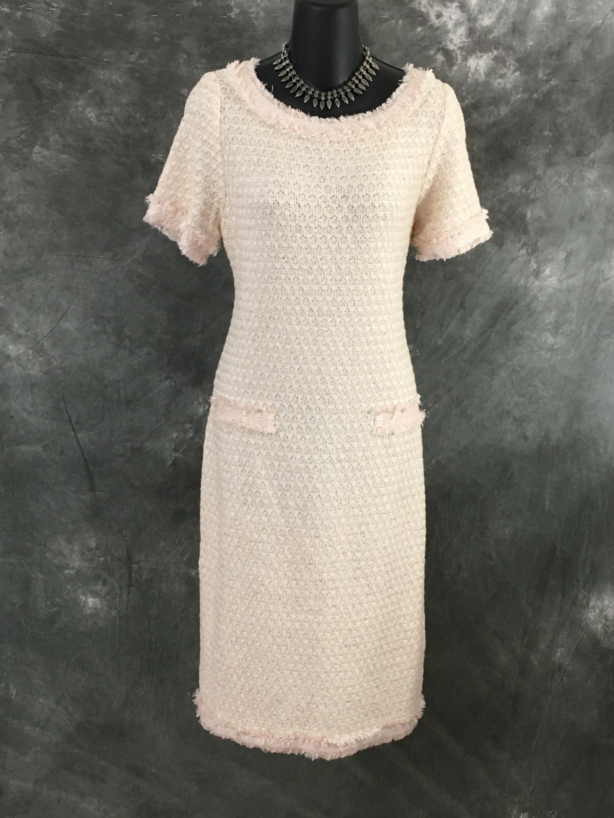 BEAUTIFUL St John knit pink shimmer multi fringe dress size 8