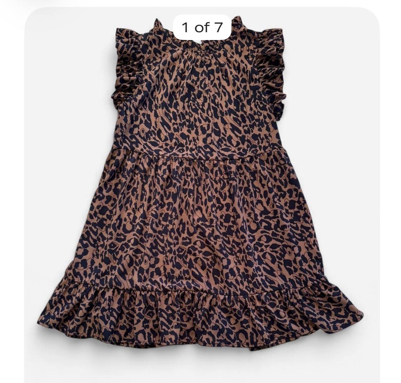 Women’s XL Brown & Navy Leopard Print Ruffle Sleeve Tiered Mini Dress