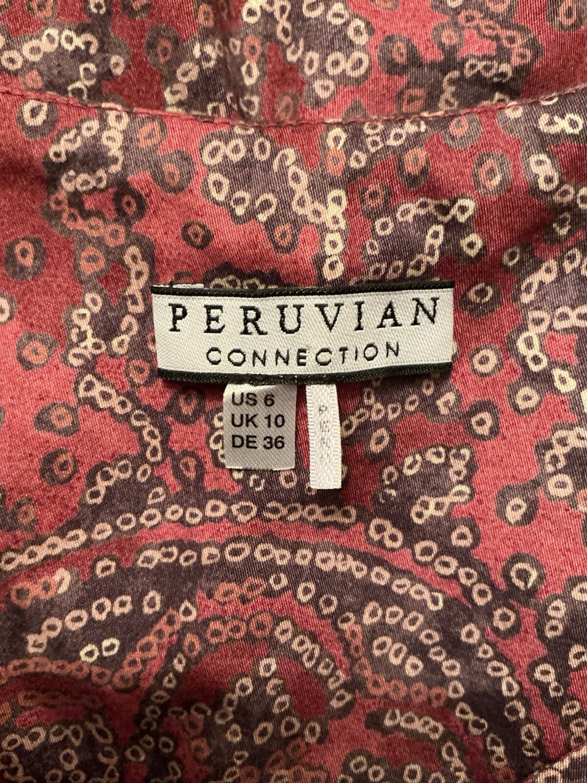 Peruvian Connection Dress Red Brown Pattern Midi Size Small Tie Bow Sash Cotton