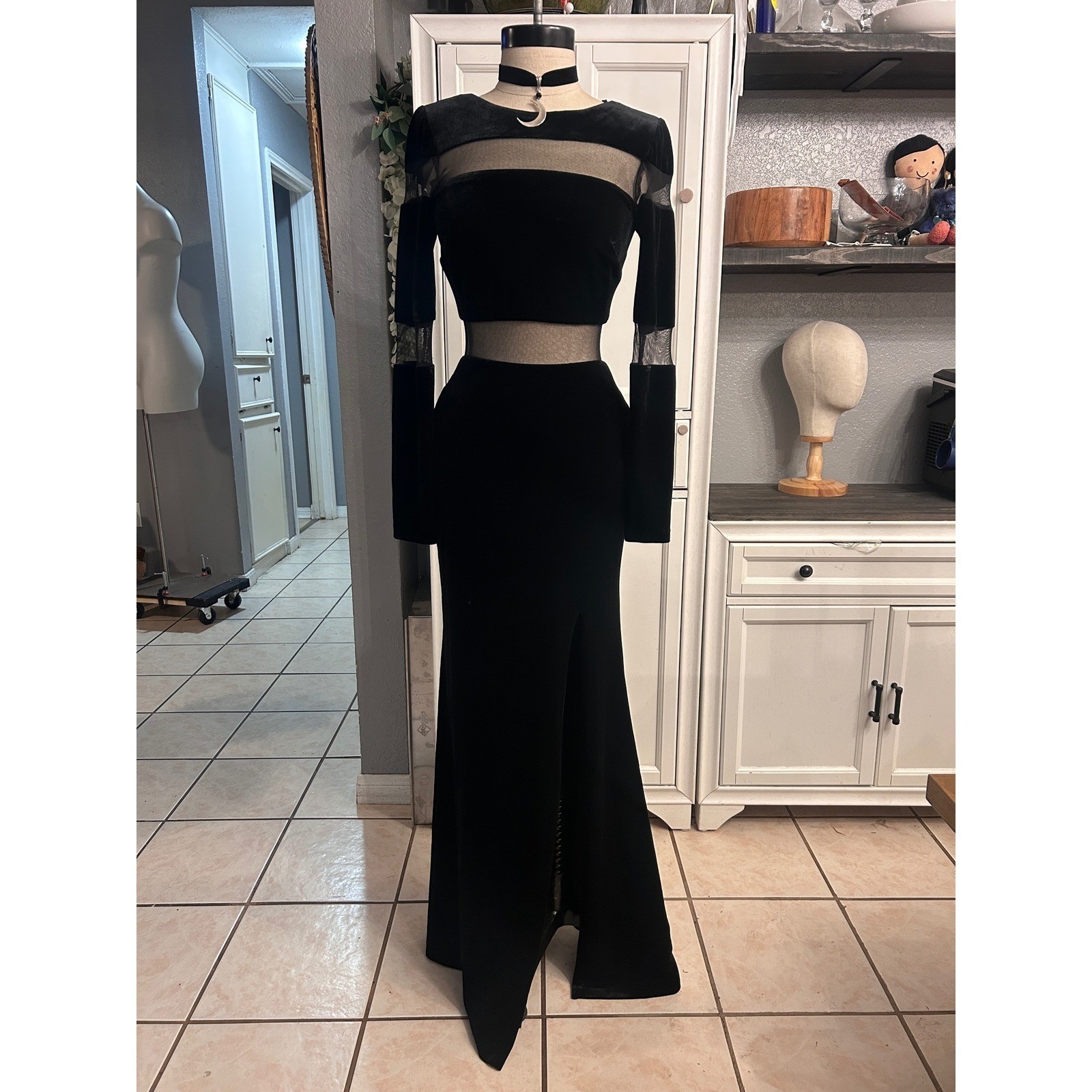 Black Velvet Mesh Maxi Dress Front Slit Goth Gown Size 2 or XSmall Formal