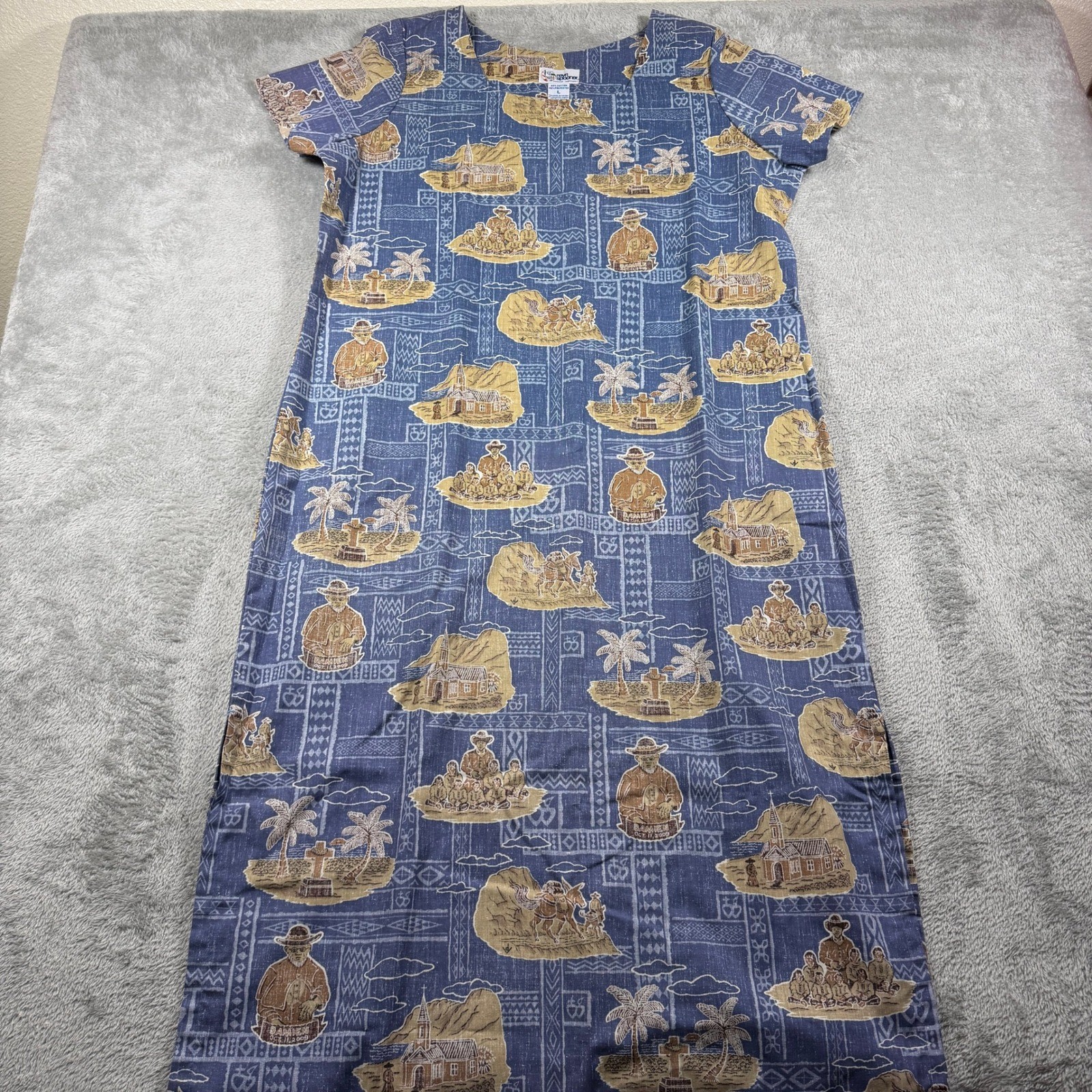 Reyn Spooner Muumuu Dress Women Large Blue Hawaiian Father Damien Maxi