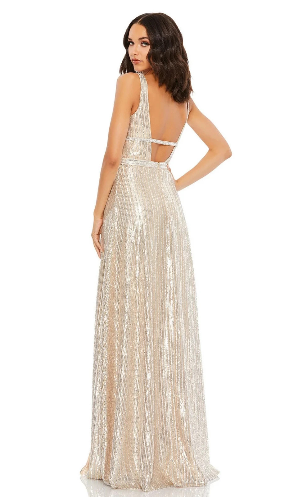 Mac Duggal Nude Silver Sequin Rhinestone Open Back High Slit A-Line Size 10 $398
