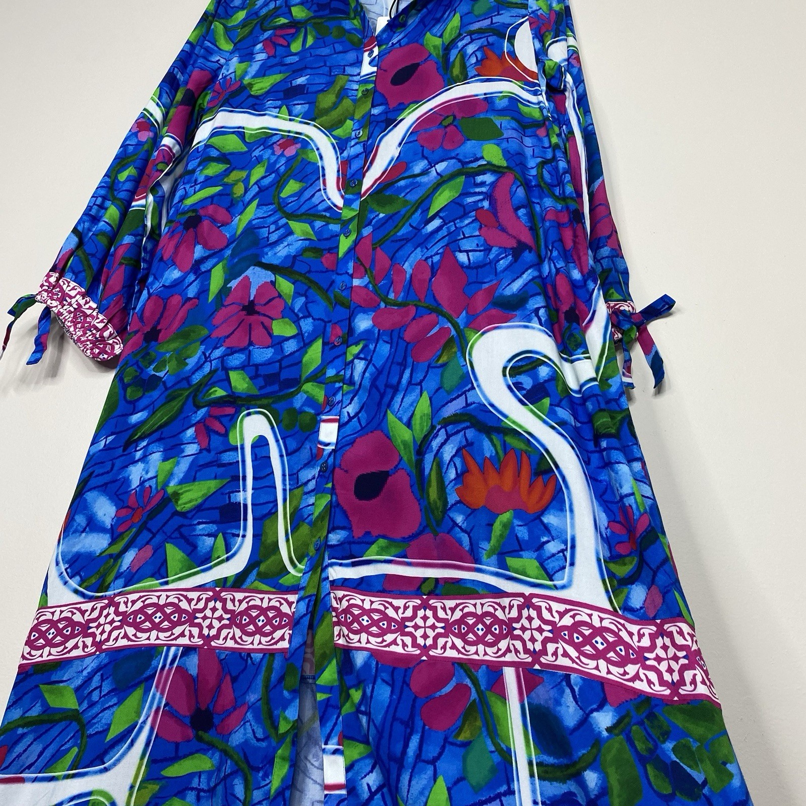 Celina Moon Blue Floral Button Front Midi Dress Pocket Long Sleeve Sz Large