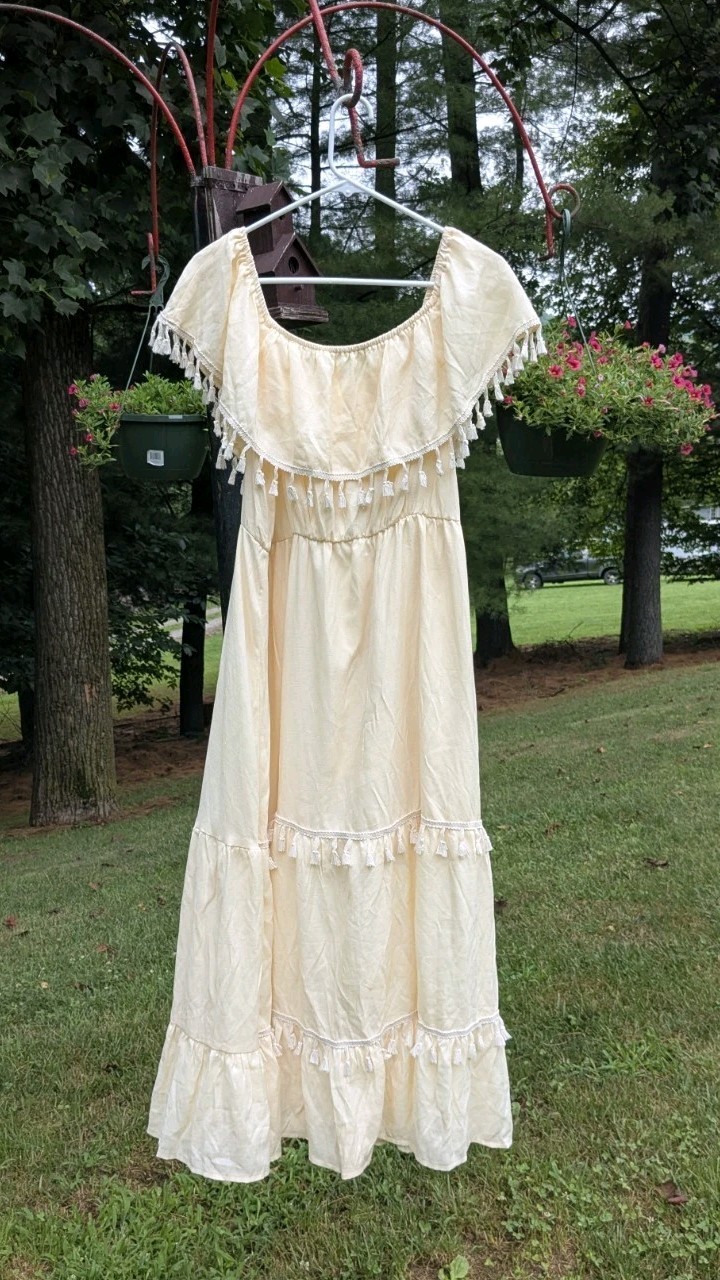 Vintage Style Cream Cotton Gauze Maxi Dress Off Shoulder Tassel Boho Prairie M
